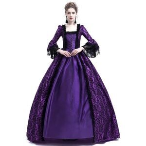 Long Sleeve Medieval Victorian Court Lace Gothic Dress Cosplay Purple Asian5XL